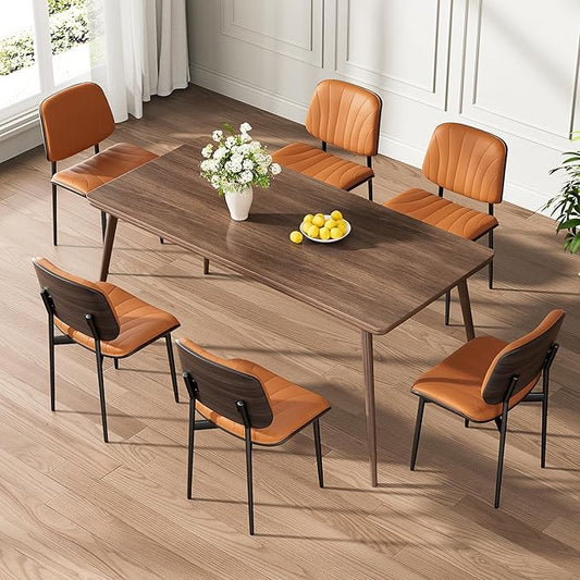 Dining Chairs Set of 6, Mid-Century Modern Upholstered PU Leather Chairs with Walnut Back and Metal Legs Adjustable Feet for Kitchen Dining Room, Orange Shell Strips