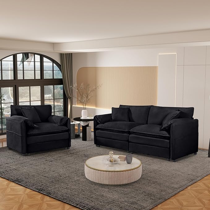 Chenille Sofa Set for Living Room, Modern Deep Seat Sofa Chair and Oversized 3-Seater Cloud Couch for Bedroom, Office, Apartment, Furniture Set