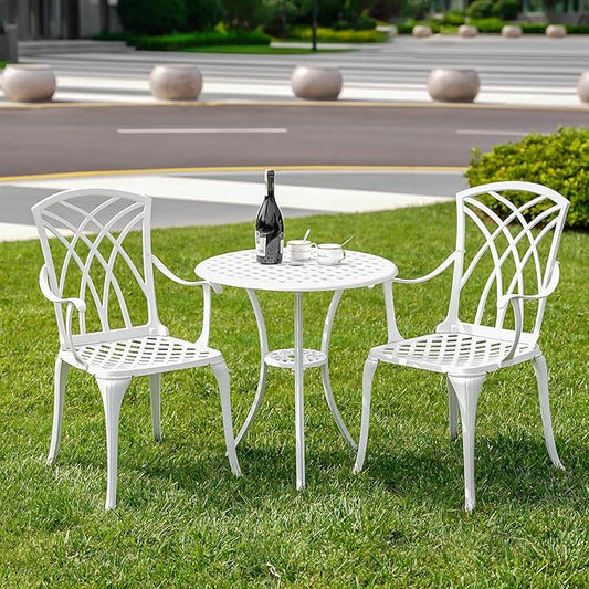 Patio Bistro Set 3 Piece with Umbrella Hole, Outdoor Bistro Table and Chairs Set of 2, Patio Bistro Set 3 Piece White, Cast Aluminum Furniture for Park Yard Front Porch