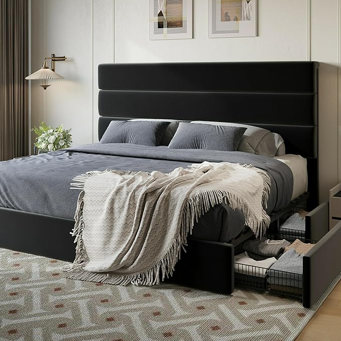SHA CERLIN King Size Platform Bed Frame with 4 Storage Drawers, Velvet Upholstered Headboard, Mattress Foundation with Wooden Slats Support, No Box Spring Needed, Easy Assembly, Black