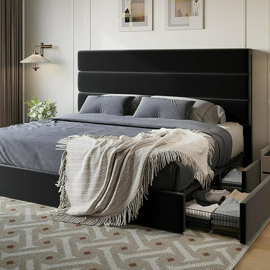 SHA CERLIN King Size Platform Bed Frame with 4 Storage Drawers, Velvet Upholstered Headboard, Mattress Foundation with Wooden Slats Support, No Box Spring Needed, Easy Assembly, Black