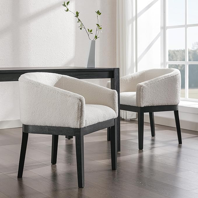 White Mid Century Modern Dining Chairs Set of 6, Farmhouse Boucle Upholstered Accent Curved Backrest Kitchen Chairs Armchairs with Black Wood Legs, White