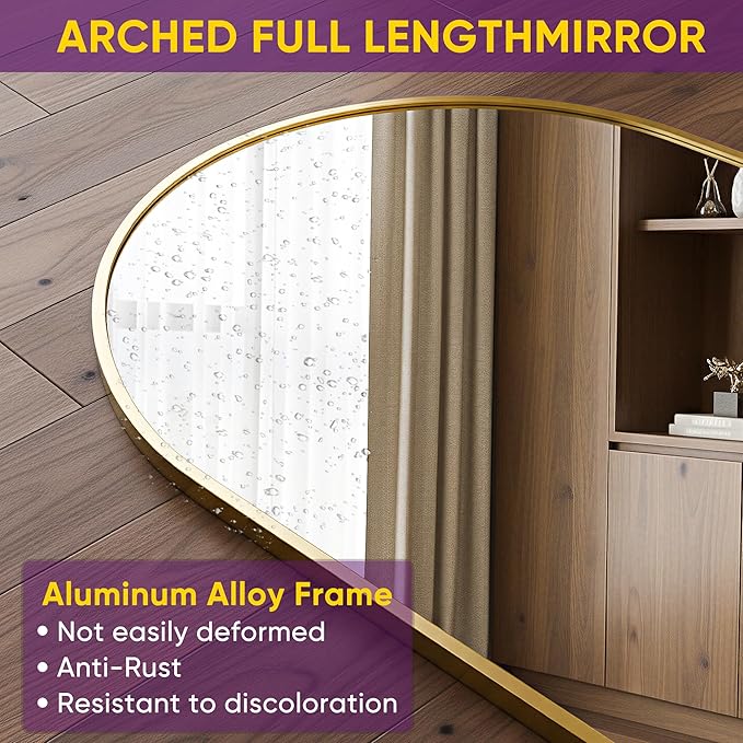 Full Length Mirror, 71"x28" Arched Floor Mirror Freestanding, Floor Standing Full Body Mirror with Stand for Bedroom, Hanging Mounted for Living Room Cloakroom, Gold