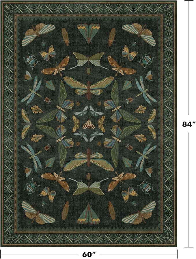 Dark Green Area Rugs 5x7 for Living Room - Fairy Fantasy Moss Rugs for Dining Room Table, Bedroom, Whimsical Insect Boho Moth Décor, Washable Non Skid Soft Carpet