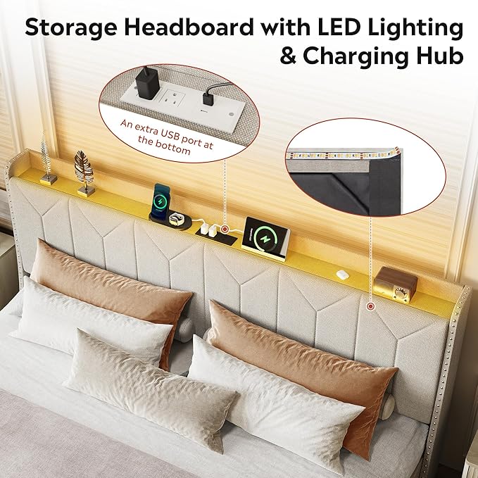 WLIVE King Size Upholstered Bed Frame with 2 Drawers, Linen Tufted Storage Headboard with Charging Ports and LED Light, Sturdy Metal & Wooden Slats Support, No Box Spring Needed, Beige