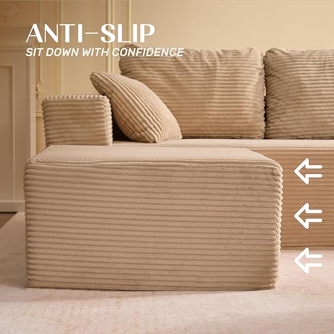 107" Boneless Couch with Deep Seat, Modular Sectional Sofa, Cloud Sectional Couch for Living Room, No Assembly Required, Corduroy, U-Shape 3 Seater Right, Camel