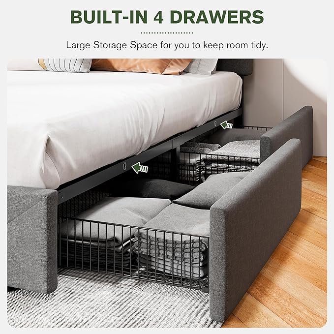 MUTICOR Full Size Bed Frame with 4 Storage Drawers, Upholstered Platform Bed with Button Tufted Adjustable Headboard, No Box Spring Needed, Easy Assembly, Diamond Tufted, Light Grey Fabric
