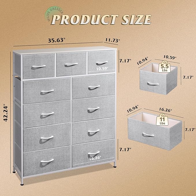WLIVE Storage Organizer Unit with 11 Fabric Bins, Storage Drawers Organizer with Steel Frame, Tall Storage Tower Organizaton for Living Room, Hallway, Office, Light Grey