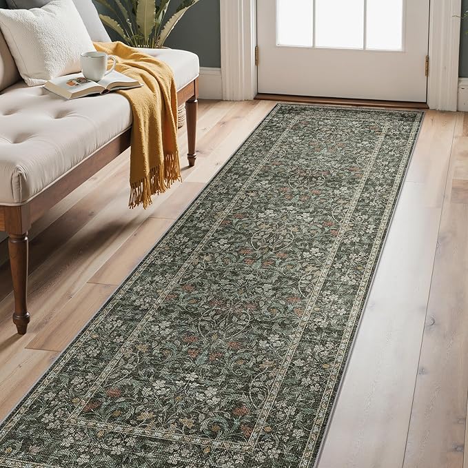 GENIMO Floral Washable Runner Rug 2’6”x8’, Non-Slip Long Hallway Carpet for Entryway, Kitchen, Indoor Floor Use, Vintage Boho Soft Thin Rug Décor, Black