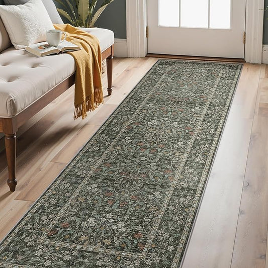 GENIMO Floral Washable Runner Rug 2’6”x8’, Non-Slip Long Hallway Carpet for Entryway, Kitchen, Indoor Floor Use, Vintage Boho Soft Thin Rug Décor, Black