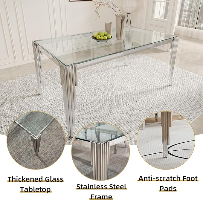 51" Rectangle Glass Dining Table for 4-6, Modern Silver empered Glass Kitchen Table with Stainless Steel Legs for Home Office Kitchen, Living Room