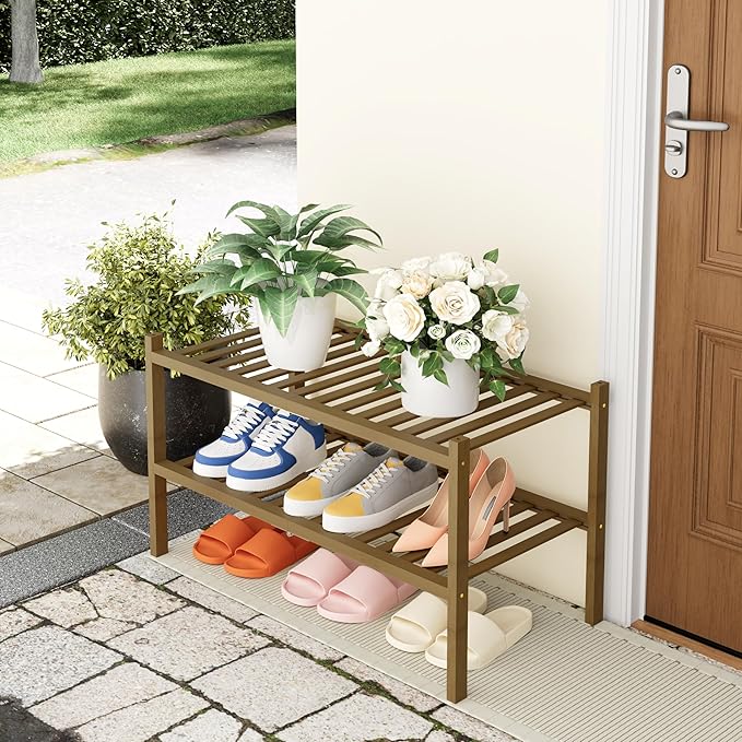 Smiry Shoe Rack, 2 Tier Thick Bamboo Shoe Organizer, Stackable Free Standing Wooden Shoe Storage Shelf for Closet, Entryway, Front Door Entrance, Walnut