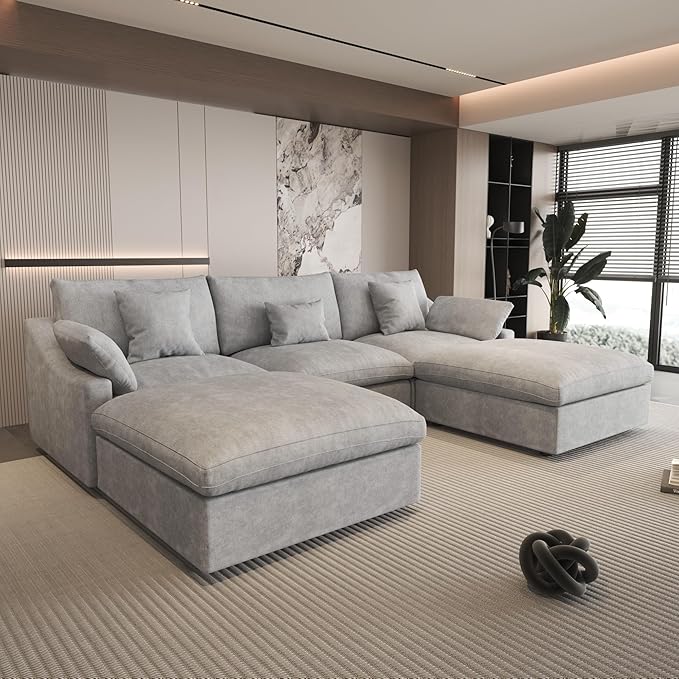 120" Cloud Couch Modular Sectional Sofa with Ottoman,Down Filled U Shaped 5 Seater Convertible Sofa,Cover Washable and Replaceable Couches for Living Room,Gray