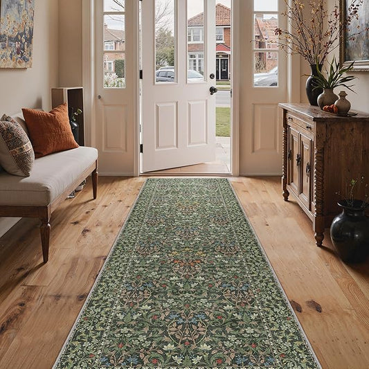 GENIMO Floral Washable Runner Rug 2’6”x7’, Non-Slip Long Hallway Carpet for Entryway, Kitchen, Indoor Floor Use, Vintage Boho Soft Thin Rug Décor, Emerald Green