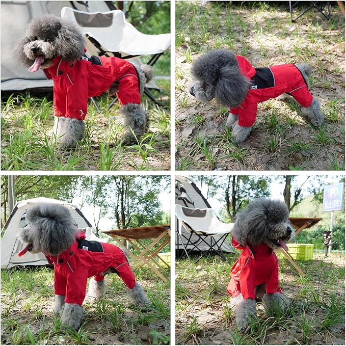 LOVELONGLONG Fleece-Lined Dog Raincoat with Removable Hood – Waterproof Winter Full Body Dog Jacket – Windproof Snowproof Cold-Weather Suit – Red-F 2XL