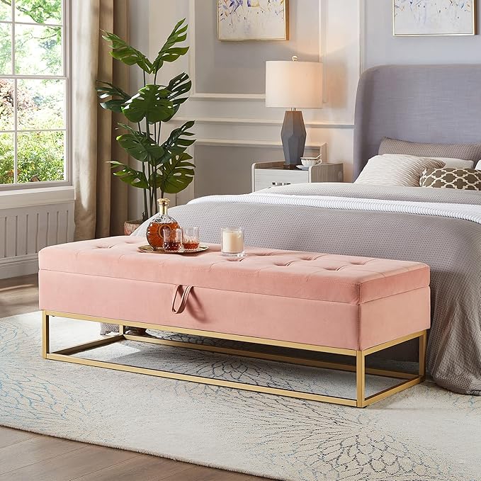 mikibama Velvet Storage Bench,58.6" Long Ottoman with Storage for Living Room,Tufted Storage Benches for Bedroom End of Bed,Entryway,Rectangle Window Seating Bench with Storage. (Velvet Pink)