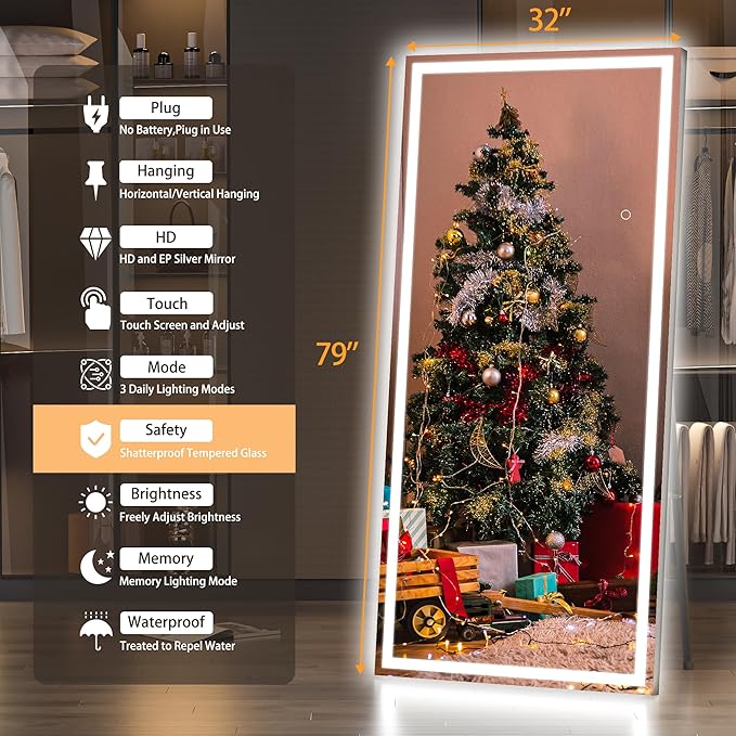 Hasipu Full Length Mirror with Lights, 79" x 32" LED Lighted Floor Standing Mirror, Full Body Dressing Hanging Mounted Mirrors, Dimmable, Tempered Glass, Safe to Use, Square Black