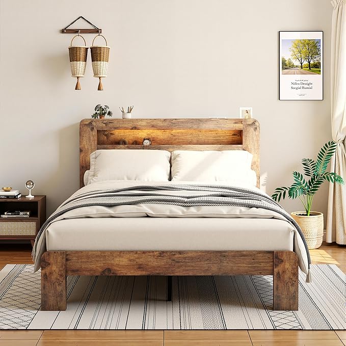 Wood Queen Size Bed Frame with Headboard, Farmhouse Platform Bed Frame with Bookcase Shelf,LED Lights,Charging Station,Heavy Duty Supports,No Box Spring Needed,Dark Brown