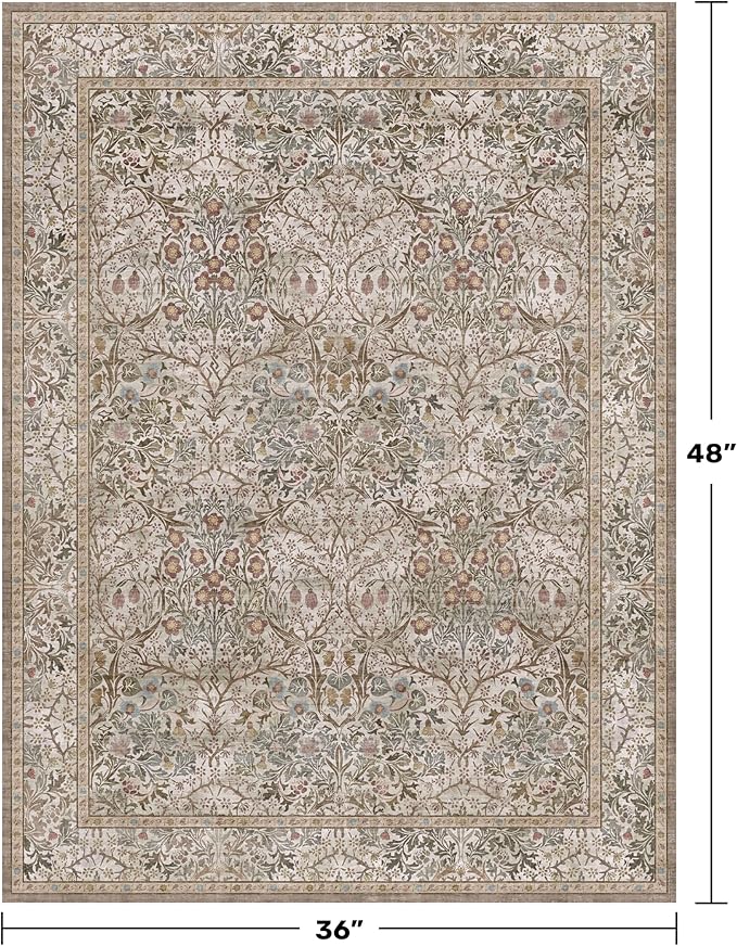 Vintage Moss Green Entryway Rug, 3x4 Washable Area Rugs for Kitchen, Bathroom, Bedroom, Oriental Low Pile Stain Resistant Non-Slip Small Throw Rug