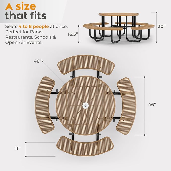 Metal Picnic Tables for Outdoors with Umbrella Hole - Coated Steel Heavy Duty Commercial Grade Furniture Set with Adjustable Seats (Brown, 46 in, Round, Expanded Steel)