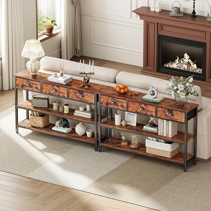 Furologee Long 47" Console Sofa Table with 3 Drawers, Entryway Table with 3-Tier Storage Shelves, Industrial Display Shelf for Entry Way, Hallway, Couch, Living Room, Kitchen, Foyer, Rustic Brown