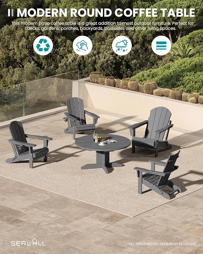 SERWALL 36'' Round Outdoor Coffee Table - HDPE Weatherproof Patio Table for Balcony, Garden, Backyard (Gray)