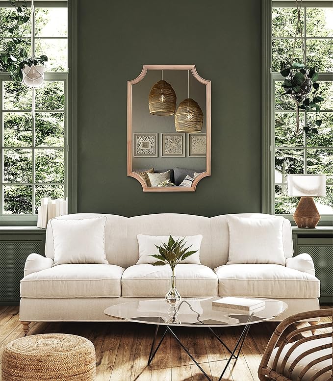 WallBeyond 24" x 36" Full Scalloped Corners Arch Rectangle Wall Mirror with Wood Frame for Entryway, Living Room or Bedroom Home Decor - Light Woodgrain [24" x 36" Natrual]