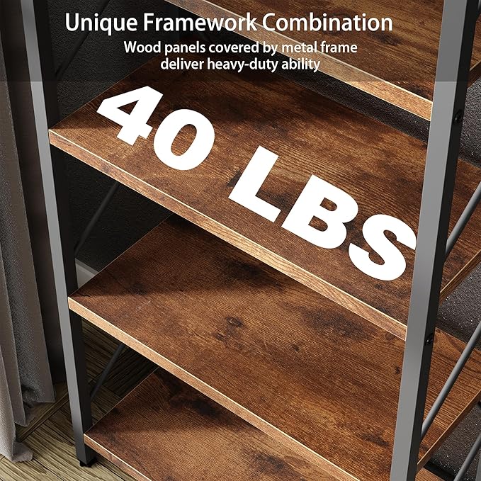 Shintenchi 5 Tiers Bookshelf, Classically Tall Bookcase Shelf, Industrial Book Rack, Modern Book Holder in Bedroom/Living Room/Home/Office, Storage Rack Shelves for Book, Brown