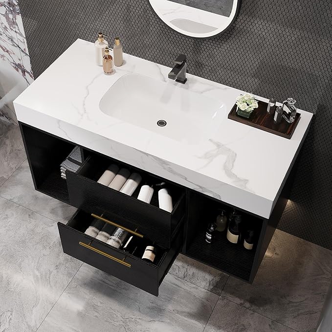 Goujxcy 39.4" Wall Mounted Bathroom Vanity with Sink, Modern Floating Bathroom Cabinet with Ceramic Sink & 2 Drawers, Wood Hanging Bath Room Cabinet with Soft-Close System (White & Black)
