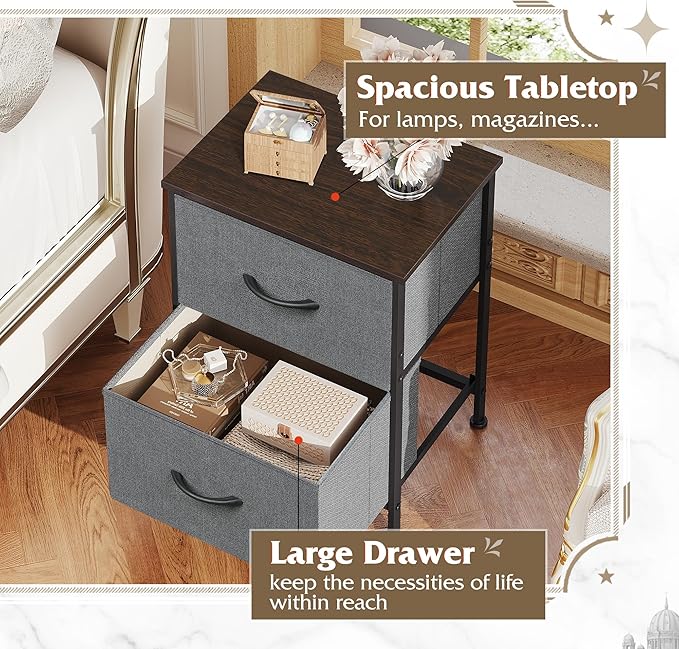WLIVE Nightstand, 2 Drawer Dresser for Bedroom, Small Dresser with 2 Drawers, Bedside Furniture, Night Stand, End Table with Fabric Bins for Bedroom, Closet, Entryway, College Dorm, Dark Grey
