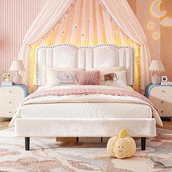 EnHomee Full Size Bed Frame with LED and Velvet Upholstered Headboard, Platform Bed Frame with Height Adjustable Headboard, No Box Spring Needed,Easy Assembly,Cream