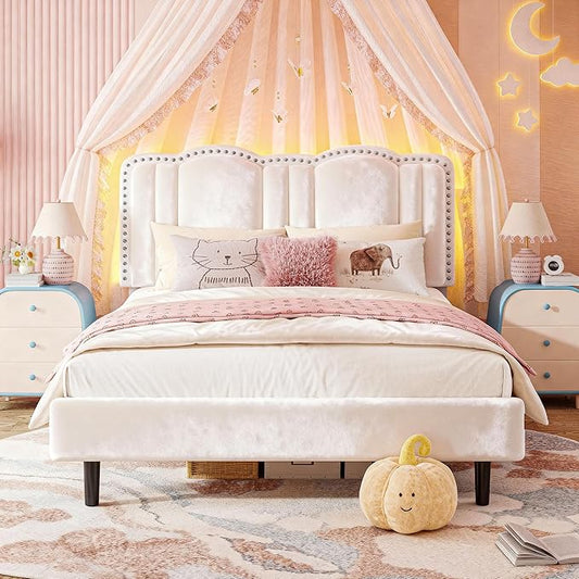 EnHomee Full Size Bed Frame with LED and Velvet Upholstered Headboard, Platform Bed Frame with Height Adjustable Headboard, No Box Spring Needed,Easy Assembly,Cream