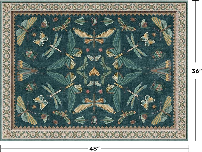 Teal 3x4 Entryway Rug - Washable Door Rug Indoor for Large Kitchen, Living Room, Thin & Foldable Low Pile Insect Décor