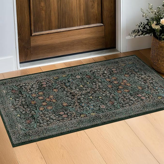 Dark Green 2x4 Rug Runner, Entryway Rugs, Small Runners for Kitchen, Door Mat Indoor Entrance, Bathroom, Non-Slip Low-Pile Washable Stain Resistant, Vintage Floral Design