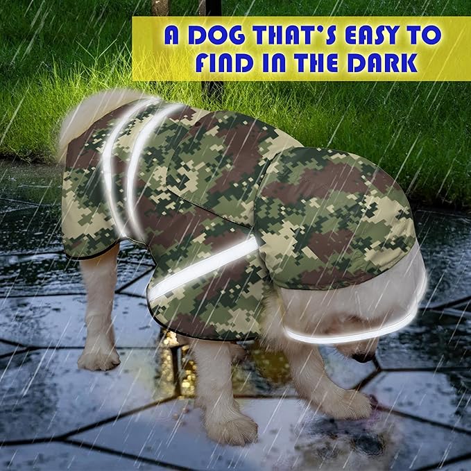 Dog Raincoat, Adjustable Dog Rain Jacket with Clear Hooded Double Layer for Large Medium Small Dogs Puppies, Waterproof Rain Coat Poncho Mosaic Camouflage, Green-XL