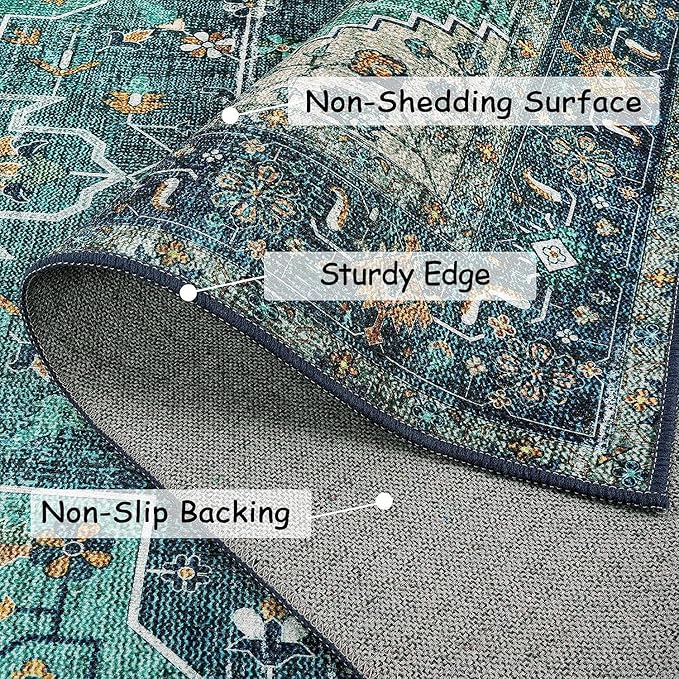 Moynesa Ultra-Thin Washable 5ft Round Rug - Teal 5x5 Circle Rugs for Living Room, Vintage Dining Room Mat Stain Resistant Nursery Carpet for Bedroom Mudroom Kitchen Apartment Home Office