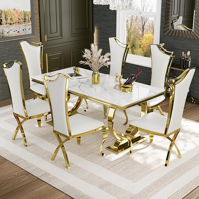 Asday White and Gold Dining Table, 72 inch Dining Room Table with Polished Stainless Steel U-Base for 4-8