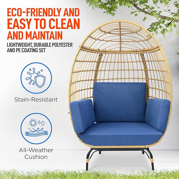 Jovial Wicker Rattan Egg Chair,Indoor Outdoor Blue Sofa Chair for Patio Backyard and Living Room with 4 Cushions and Powder Coated Steel Frame,Woven Texture Contemporary Ribbed Back Design