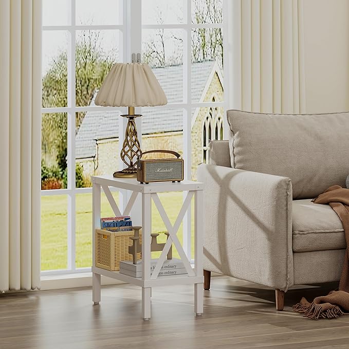 Narrow End Table, Large Sofa Side Table, Farmhouse Nightstand with Storage Shelve, Slim Bedside Table for Living, Room Bedroom, Lounge White MLBZ17W