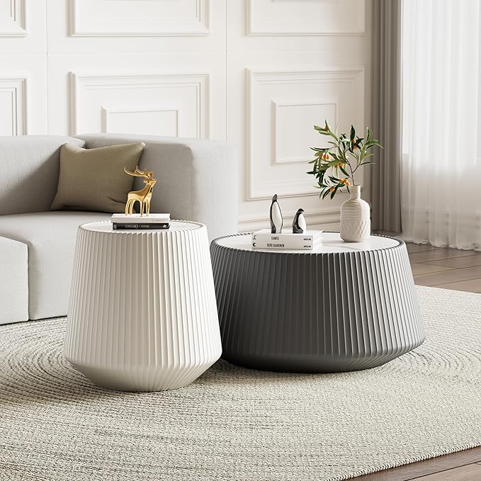 Round Coffee Table Set with Sintered Stone Tabletop, 26.77" Grey Drum Center Table and 19.68" White Coffee Table Set, 2 Pieces Living Room Table Set with Fluted PU Leather Cover& Stable Base