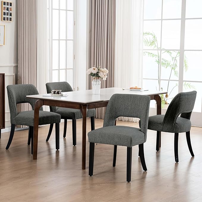 VKNOW Wooden Dining Chairs Set of 2, Modern Fabric Upholstered Dining Room Chair Kitchen Chairs, Farmhouse Dinner Chair for Kitchen Dining Room, Dark Grey-Black Legs