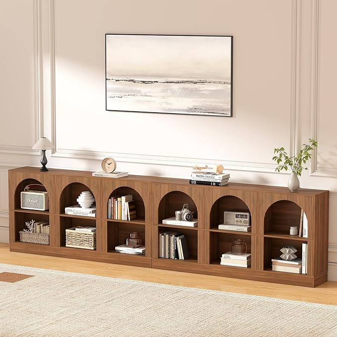 Console Table Set of 2, Extra Long 126" Arched Entryway Table with 3-Tier Open Storage, Rectangular Wooden Sofa Table for Living Room, Hallway, Behind Couch (2, Walnut)