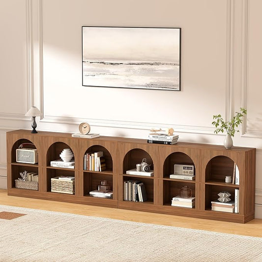 Console Table Set of 2, Extra Long 126" Arched Entryway Table with 3-Tier Open Storage, Rectangular Wooden Sofa Table for Living Room, Hallway, Behind Couch (2, Walnut)