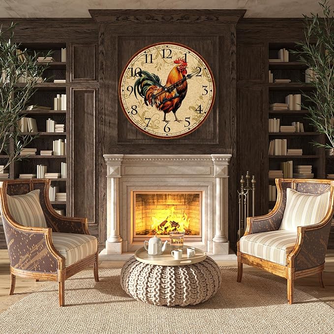 24 inch Rooster Retro Wall Clock Silent NonTicking Easy to Read Clock, Large Battery Operated Decorative Wall Clocks for Kitchen Living Room Bedroom Farmhouse Decoration