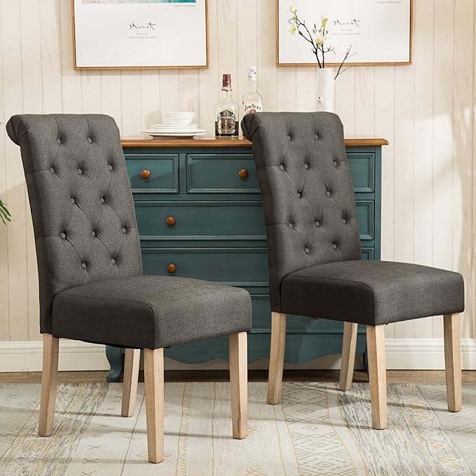 Roundhill Furniture Habit Solid Wood Tufted Parsons Charcoal Dining Chair, Set of 2