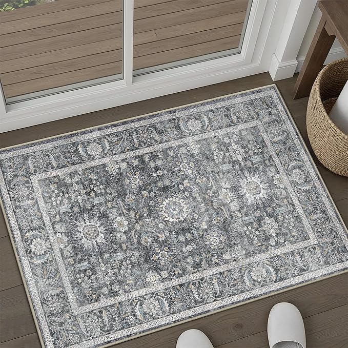 Blue 2x3 Entryway Area Rug Machine Washable Door Mat Kitchen Vintage Distressed Non Slip Carpet Indoor Traditional Floral Accent Throw Small Rug for Bathroom Office Bedroom Living Dining Room