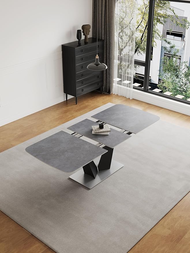 79 ”Modern Dining Table, Seats 6-8, Gray Rectangular Expandable Sintered Stone Dining Table with V-Shaped Carbon Steel Base,for Dining Room (Table)