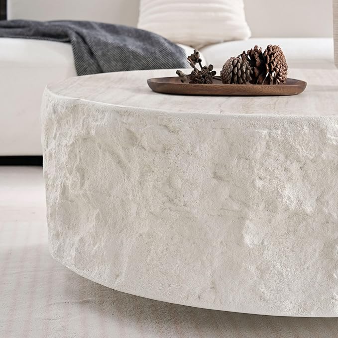 Round Coffee Table, 35.43" Fiberglass Imitation Stone Accent Table for Living Room, Bedroom, Apartment & Office, Beige, No Need Assembly
