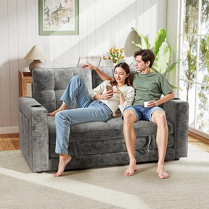 WorthFurni Convertible Sofa Bed, Folding Sofa Bed 2 in1 Pull Out Loveseat Sleeper Sofa, Floor Sofa Bed for Small Spaces Folding Couch Bed with Pillows for Living Room Bedroom - Grey