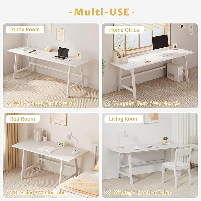 IOTXY Solid Wood Writing Table - 48" W x 24" D Minimalist Computer Desk for Home Office, Work, Study, Creativity, and PC Workstation, White